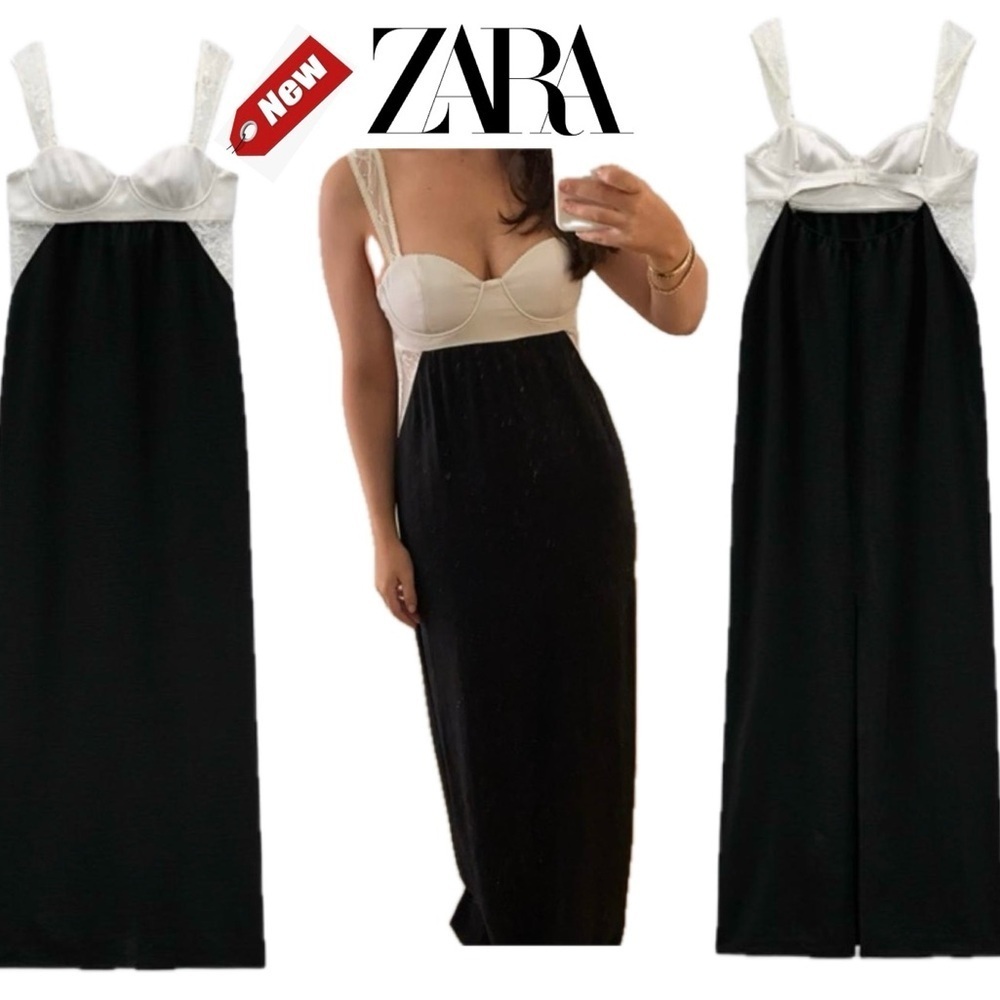 Zara Black ivory white lace sweetheart thin strap flowy maxi dress Sz L NWT